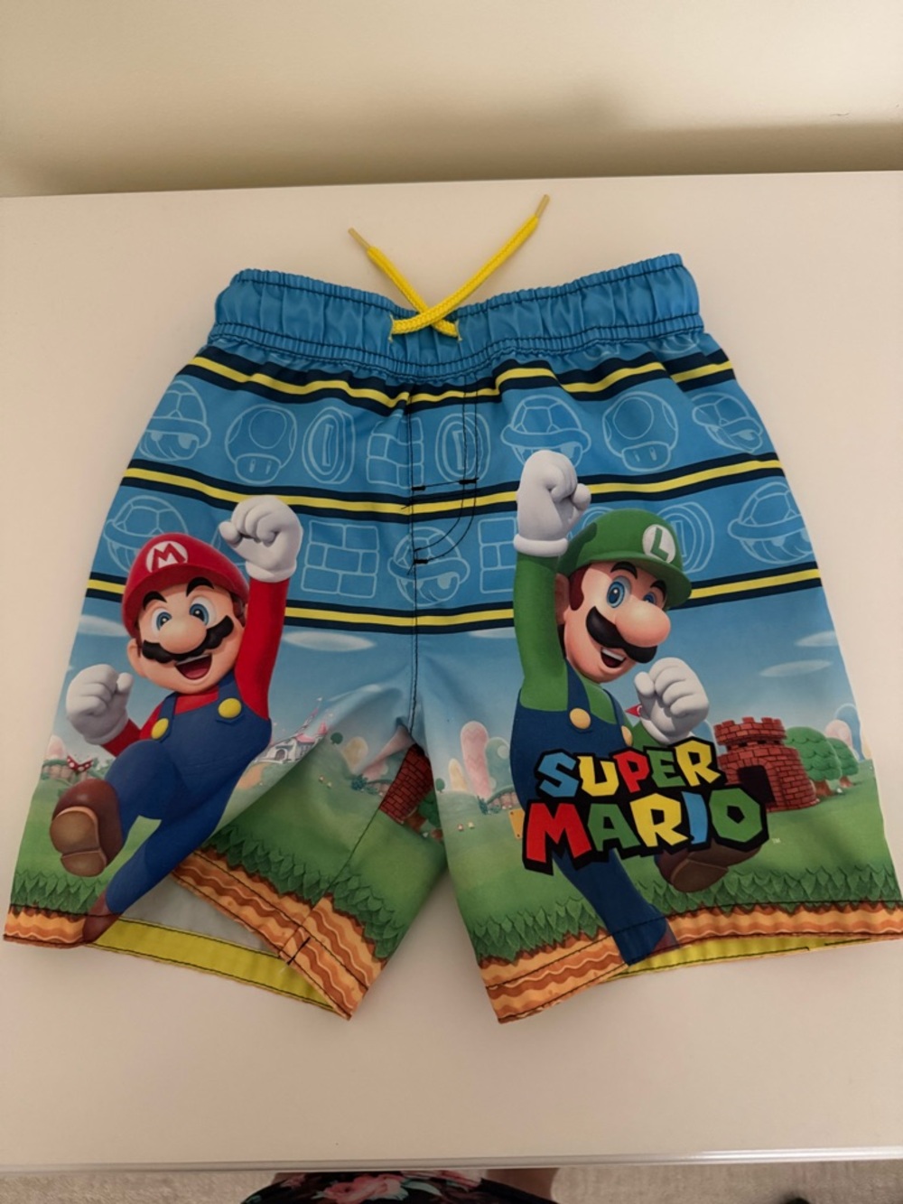 Super Mario Blue & Green Kids Swim Shorts with Yellow Drawstring